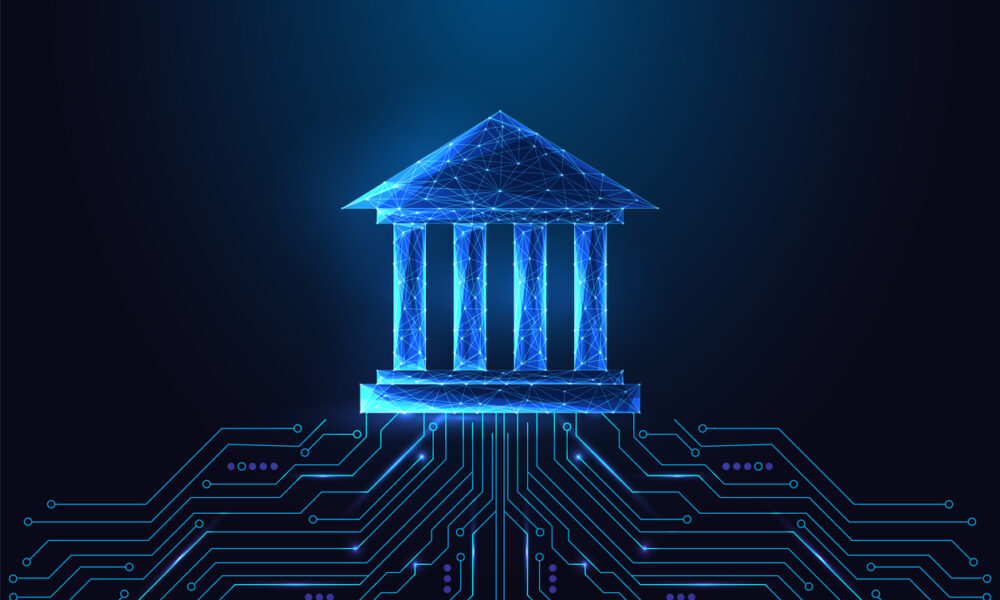 Digital governance and smart institution concept with glowing building and circuit board, vector Digital governance and smart institution concept with glowing polygonal government building connected to circuit board on dark blue background. Futuristic low poly style, abstract vector illustration.